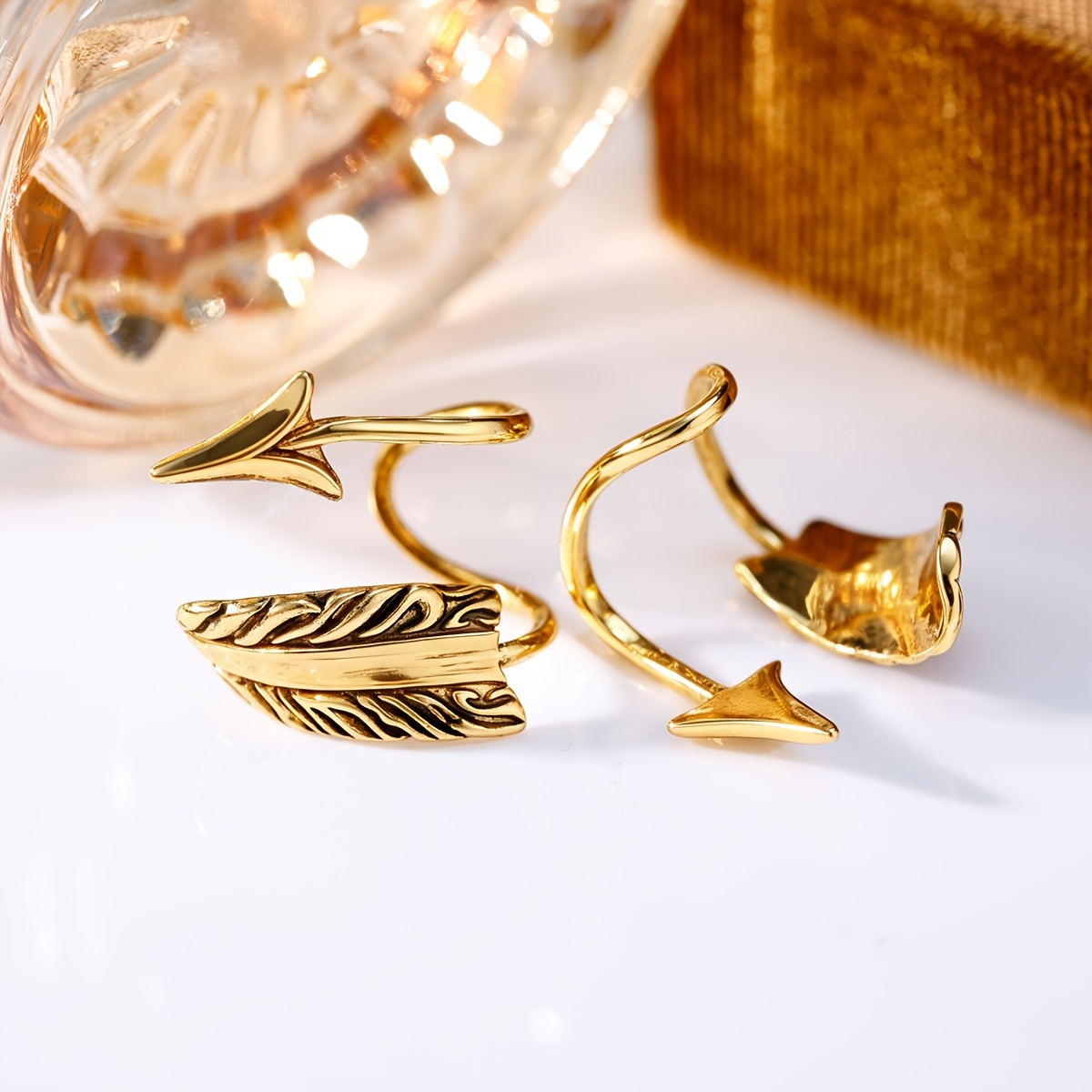 Women's Copper Feather Design Ear Clips with Synthetic Zirconia Inlay